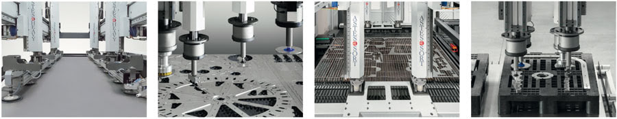 Все этапы: загрузка листового металла - раскрой - сортировка деталей - снятие скелета листового металла - компоновка деталей по заказам на паллете.