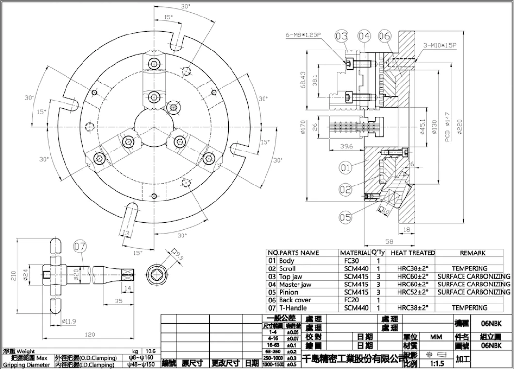 Ручной 3-х кулачковый патрон с базовой плитой, ⌀ 170 мм, мастер кулачки