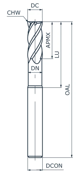 Фреза концевая твердосплавная APL110-CCFN4-030-018-013, с фаской при вершине, обниженная шейка, ØD 3 мм