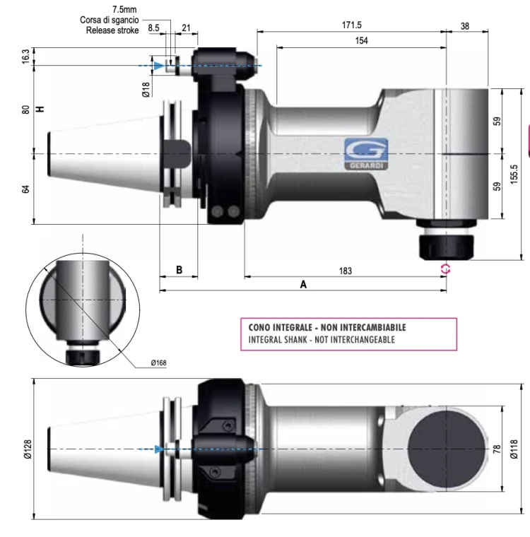 Угловая головка модульная F90-20L ATC - ER-32 Ø 2÷20 HSK/100 - H=80 без стоп-блока
