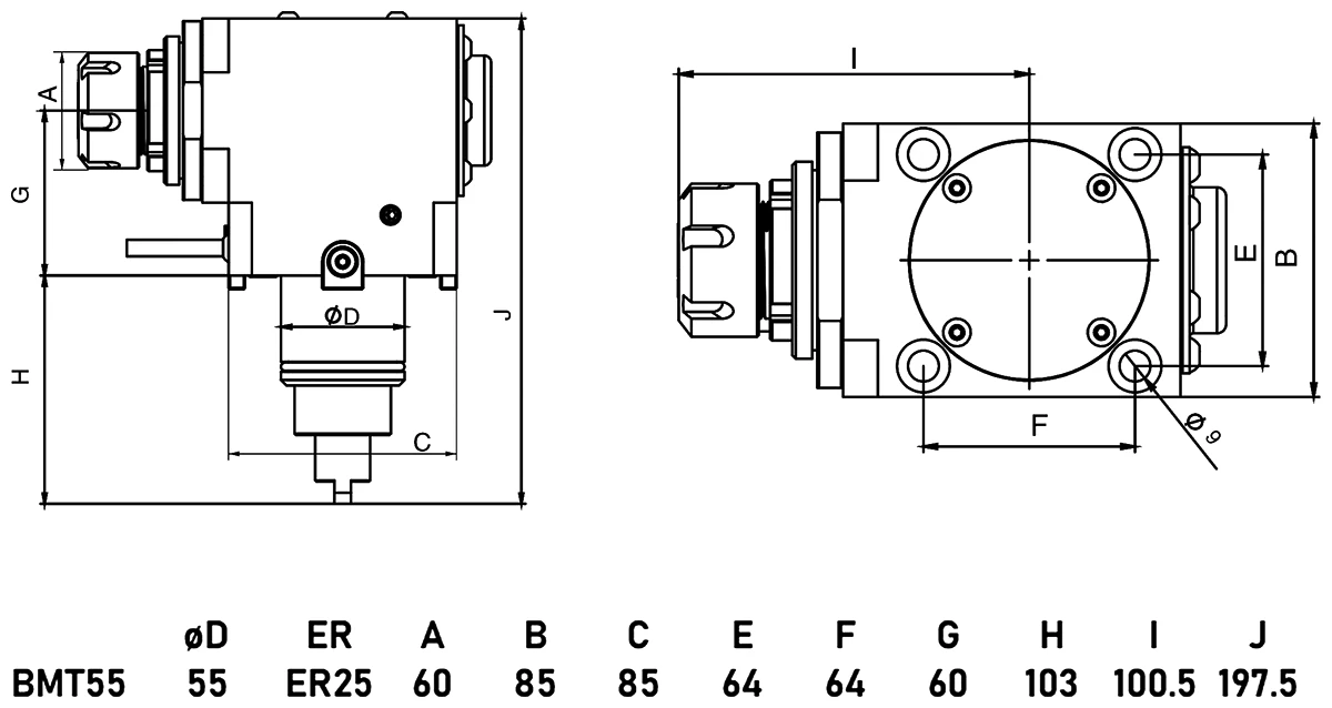 Приводной угловой блок AdvaCUT BMT55, ER25, T=1:1, RMP=5000, внутр. СОЖ