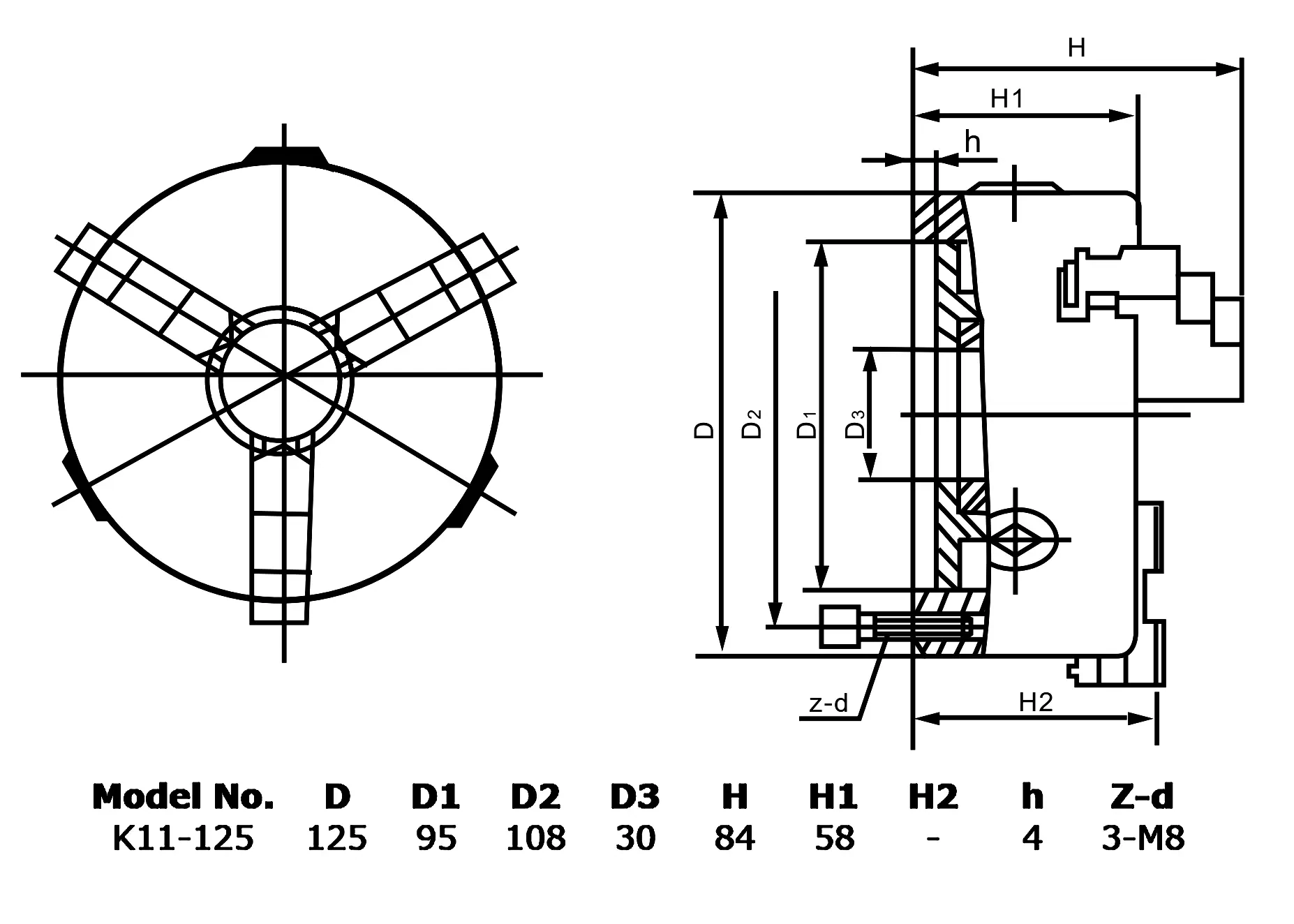 Ручной 3-х кулачковый патрон, ⌀125 мм, цельные кулачки, DIN6350