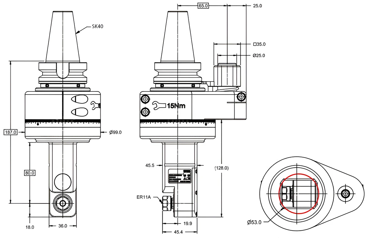 Фрезерная угловая головка ER11, пин Ø25 мм, 5000 об/мин, H=187, h=80, SK40 (DIN-69871)