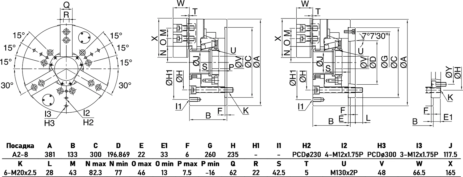 Гидравлический высокоскоростной 3-х кулачковый патрон, Ø381 мм, сквозное отверстие 117.5 мм, посадка A2-8