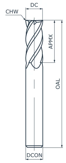 Фреза концевая твердосплавная APH300-CCCM4-030-009-003-6, с фаской при вершине, ØD 3 мм