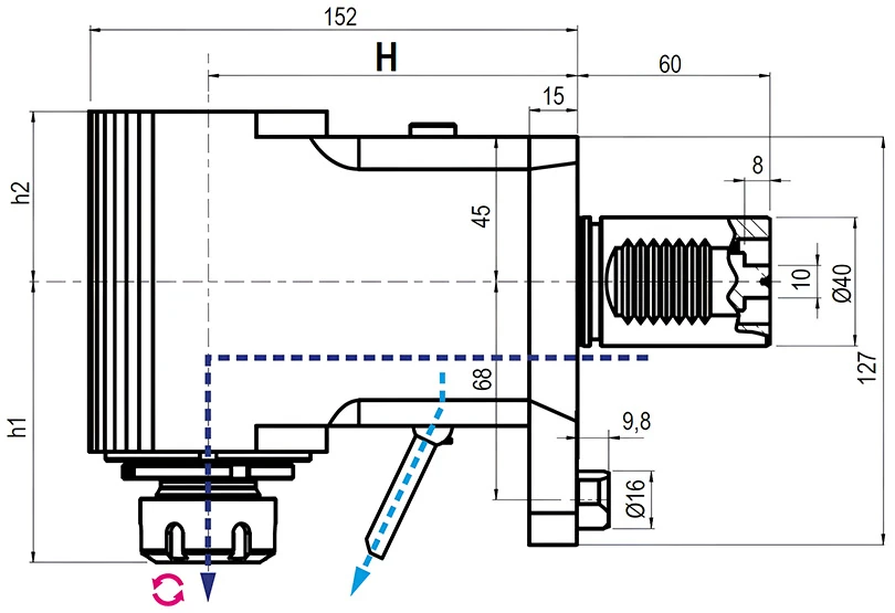 Приводной угловой блок AdvaCUT VDI40, ER-25, T=1:1, RPM=6000, H=115 (MAZAK HQ), внеш. СОЖ