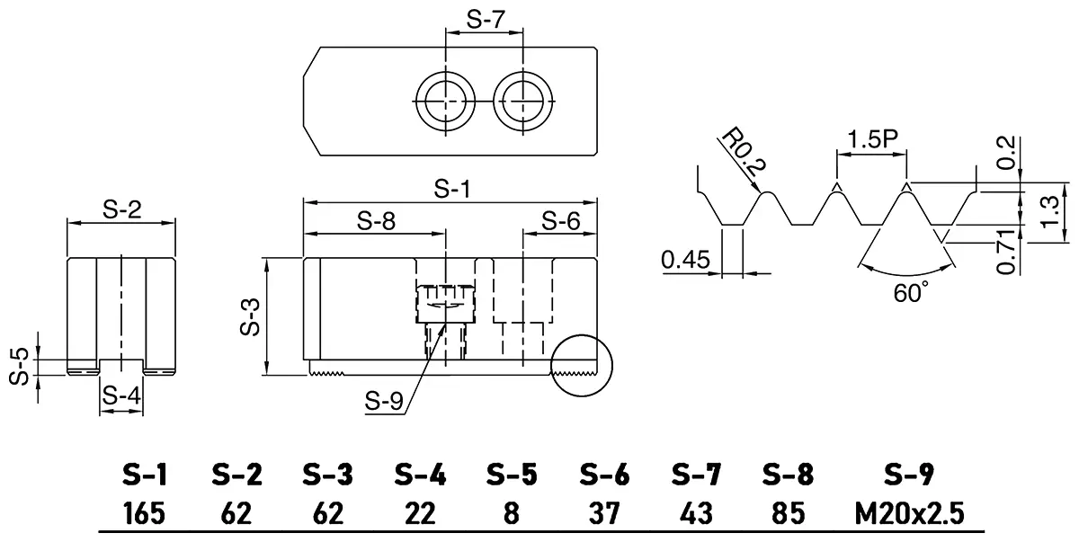 Cтальные мягкие накладные заостренные кулачки (3 шт.) для гидравлических патронов ⌀450 мм, 165x62х62 мм, паз 22 мм, МЦ 43 мм, М20
