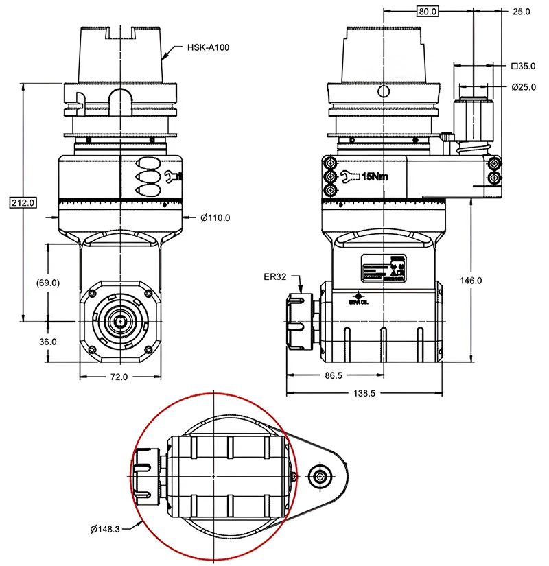 Фрезерная угловая головка ER32M, 4000 об/мин, H=212, HSK100A (DIN-69893)