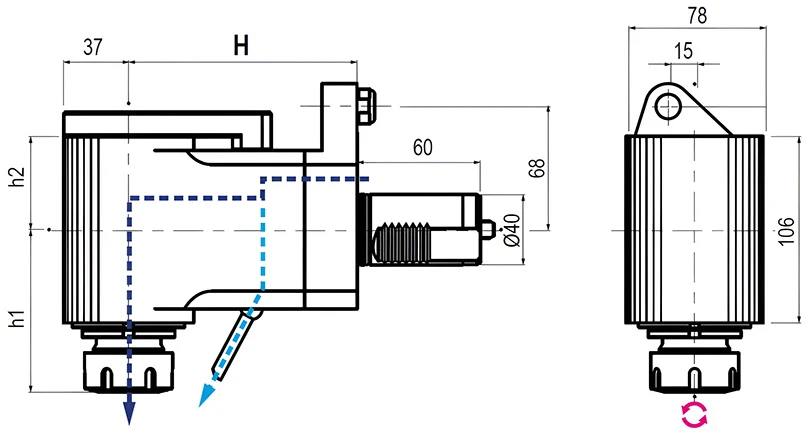 Приводной угловой блок AdvaCUT VDI40, ER-25, T=1:1, RPM=6000, H=100 (MAZAK QTN 1), внеш. СОЖ