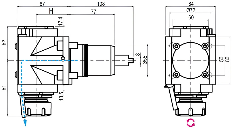 Приводной угловой блок AdvaCUT BMT55, ER-25, T=1:1, RPM=6000, H=55 (NAKAMURA), внеш. СОЖ
