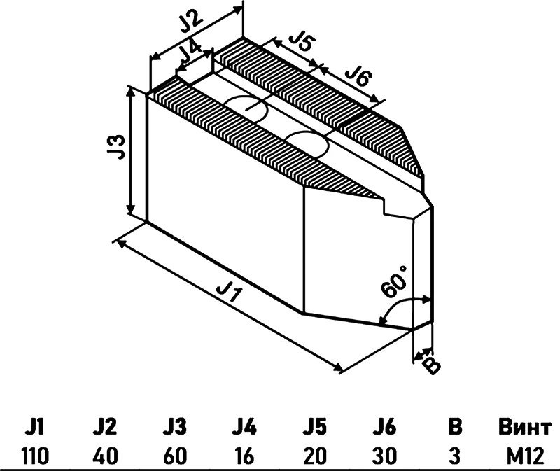 Спец. мягкие заостренные кулачки 60° (3 шт.) для гидравл. патрона 10", 110x40х60 мм, паз 16 мм, МЦ 30 мм, М12, гребенка 1,5x60