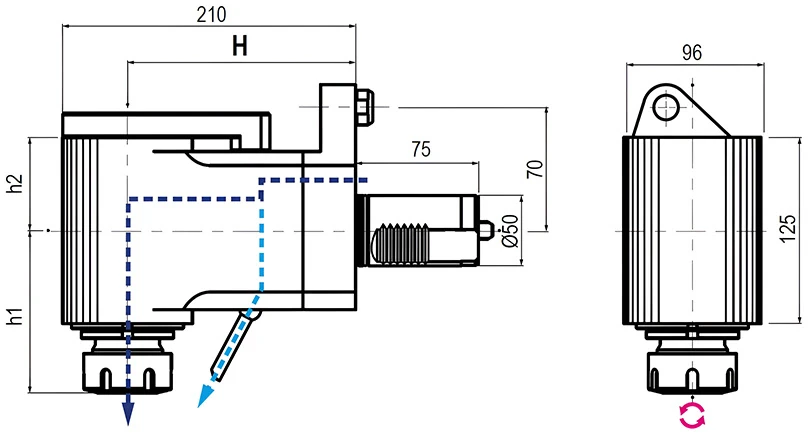 Приводной угловой блок AdvaCUT VDI50, ER-40, T=1:1, RPM=6000, H=160 (MAZAK QTN 3), внеш. СОЖ