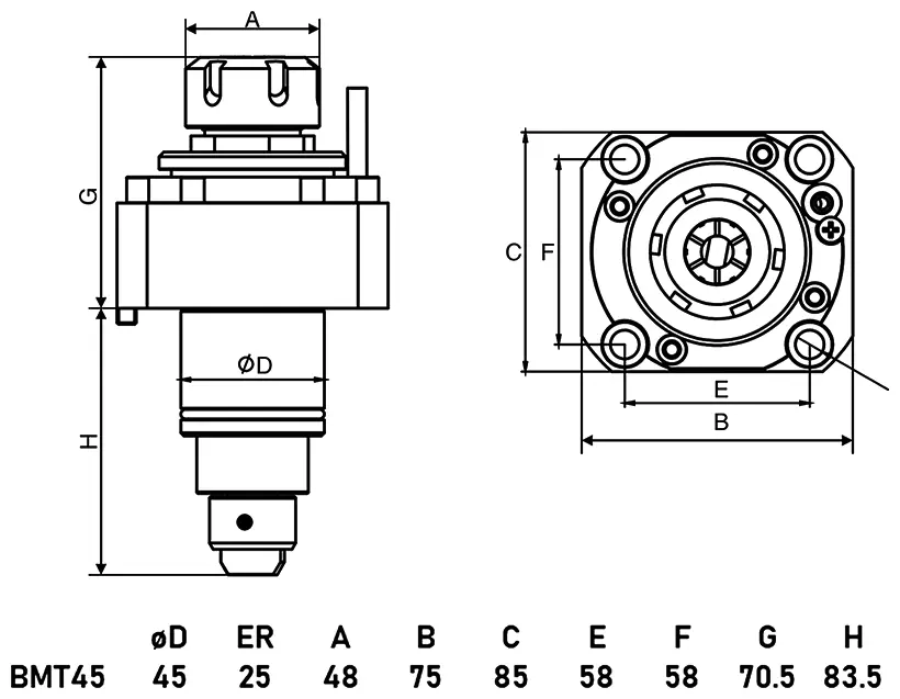 Приводной прямой блок AdvaCUT BMT45, ER25, T=1:1, RMP=6000, внеш. СОЖ