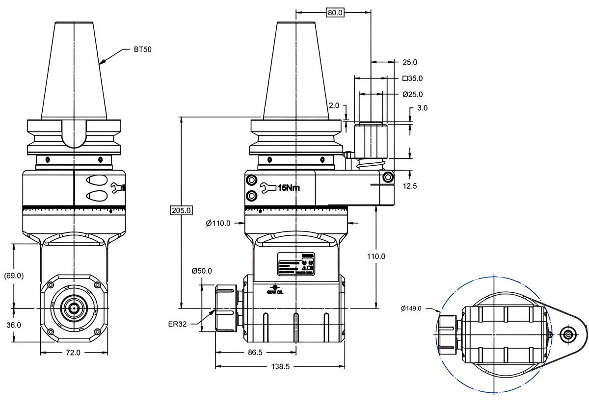 Фрезерная угловая головка ER32, 4000 об/мин, H=205, BT50 MAS-403/BT