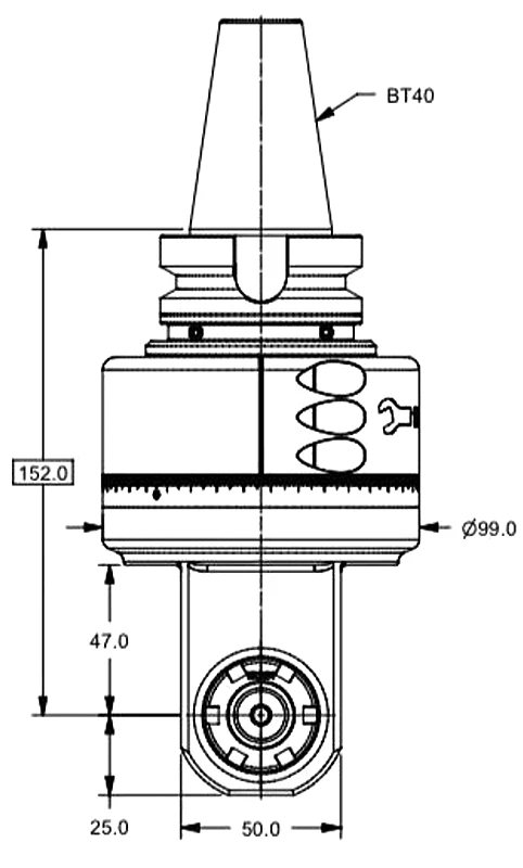 Фрезерная угловая головка ER25M, 6000 об/мин, H=152, BT40 MAS-403/BT 