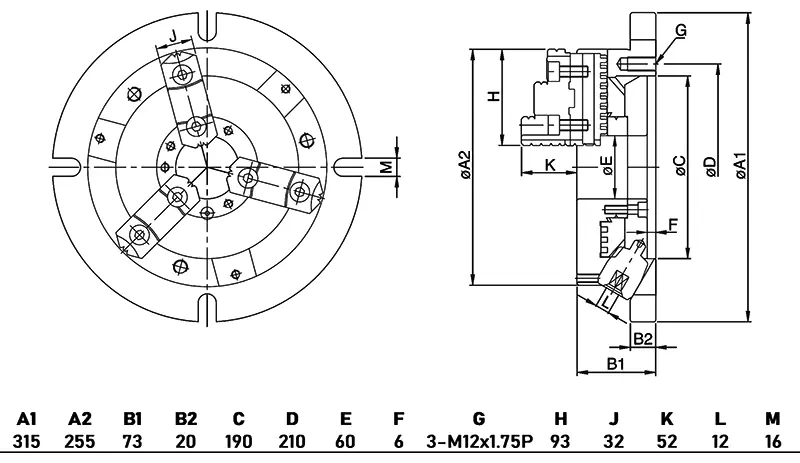 Ручной 3-х кулачковый патрон с базовой плитой, ⌀ 255 мм, мастер кулачки