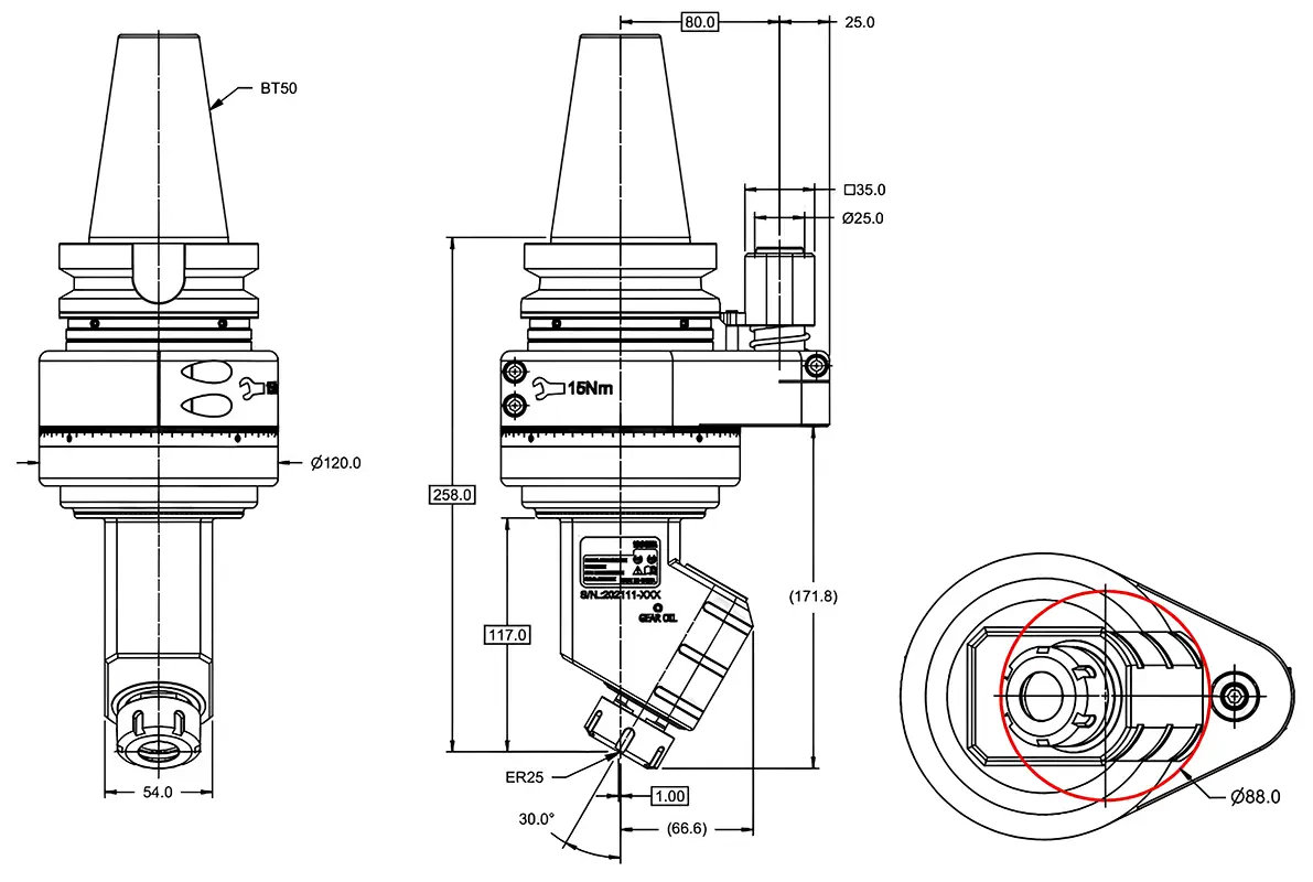 Фрезерная угловая головка 30°, ER32, 5000 об/мин, H=258, BT50 MAS-403/BT 