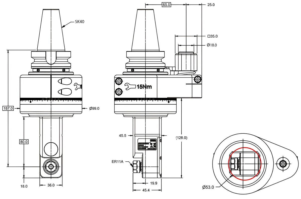 Фрезерная угловая головка ER11, пин Ø18 мм, 5000 об/мин, H=187, h=80, SK40 (DIN-69871)