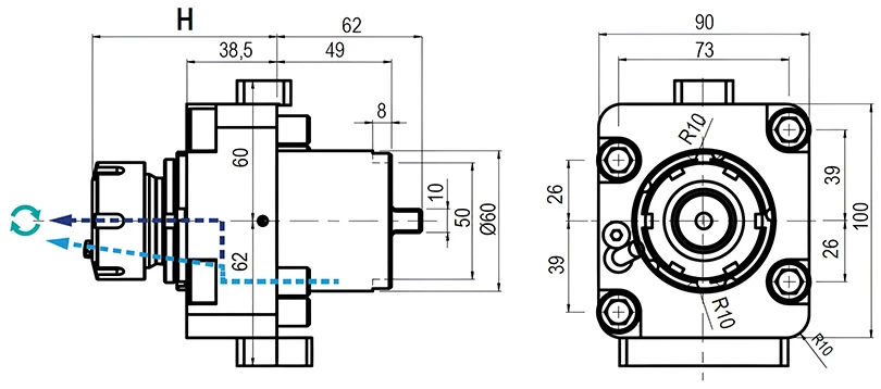 Приводной прямой блок AdvaCUT BMT60, ER-32, T=1:1, RPM=6000, H=79 (OKUMA), внеш. СОЖ