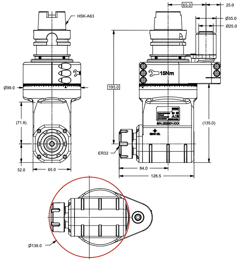 Фрезерная угловая головка ER32, 6000 об/мин, H=195, HSK63A (DIN-69893) 
