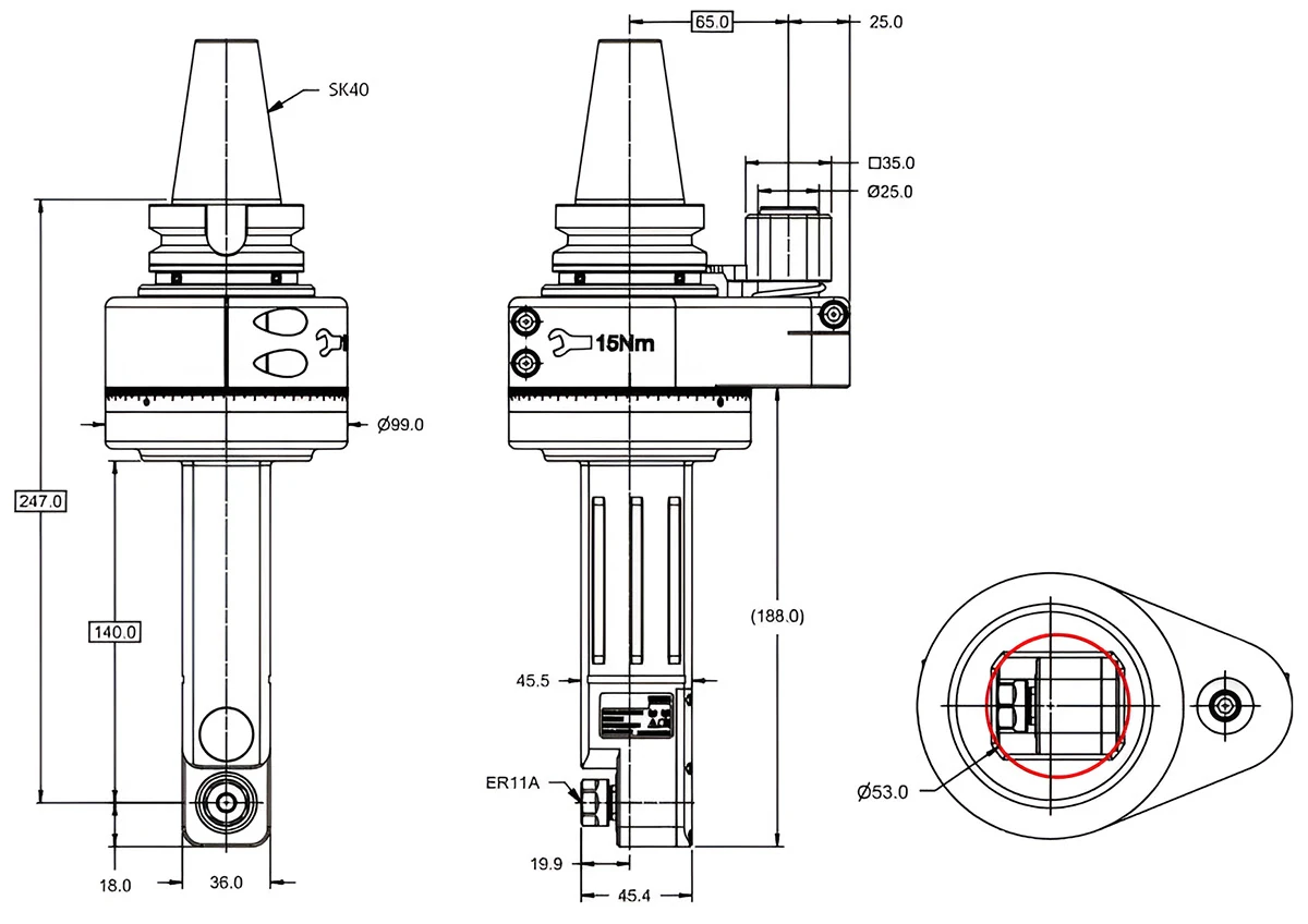 Фрезерная угловая головка ER11, 5000 об/мин, H=247, h=140, SK40 (DIN-69871)