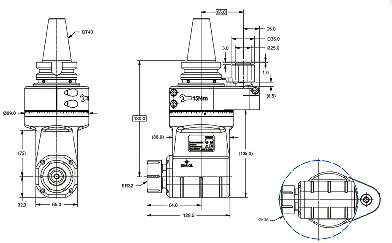 Фрезерная угловая головка ER32M, 6000 об/мин, H=180, BT40 MAS-403/BT 