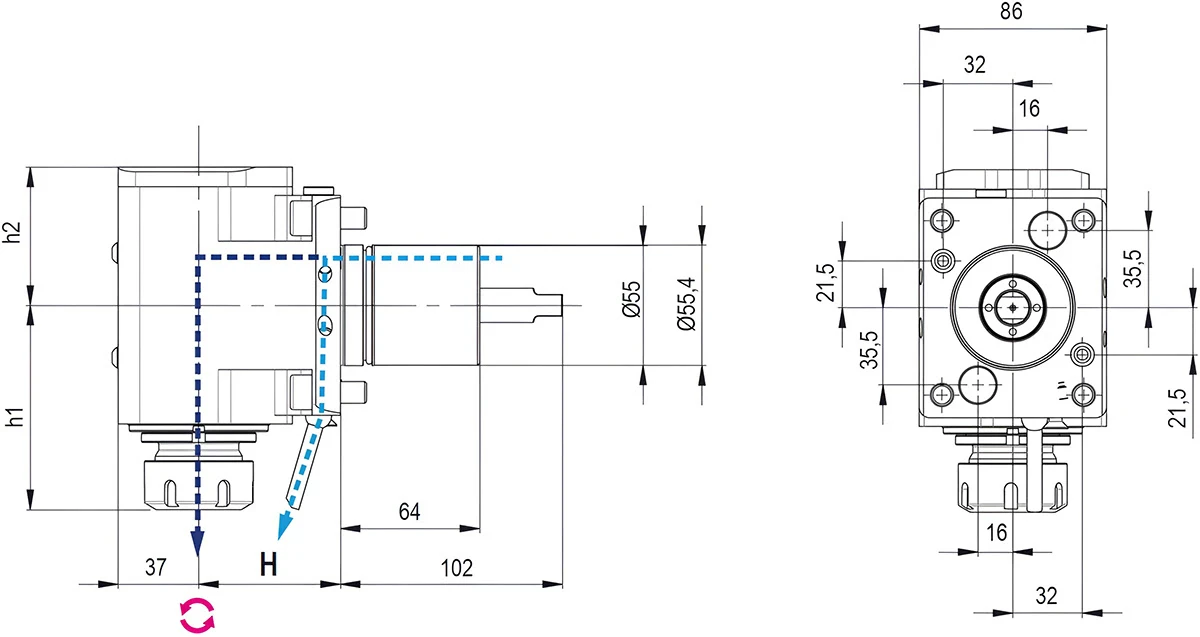 Приводной угловой блок AdvaCUT BMT55, ER-20, T=1:1, RPM=6000, H=65 (OKUMA), внеш. СОЖ