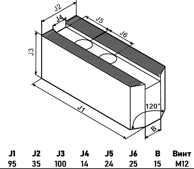 Спец. мягкие заостренные кулачки (3 шт.) для гидравл. патрона 8'', 95x35x100 мм, паз 14 мм, МЦ 25мм, М12, гребенка 1,5х60