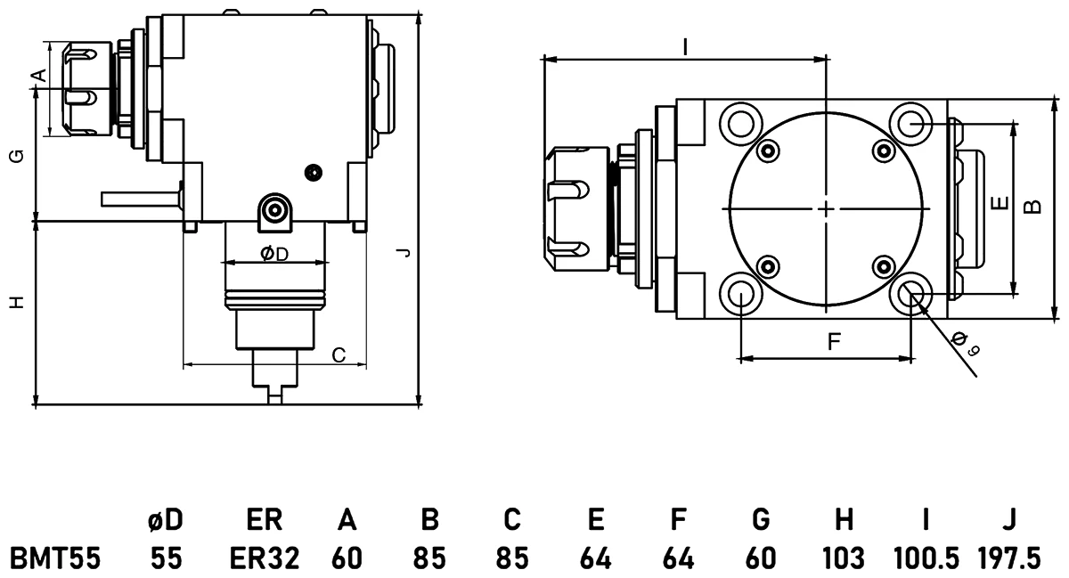 Приводной угловой блок AdvaCUT BMT55, ER32, T=1:1, RMP=5000, внеш. СОЖ