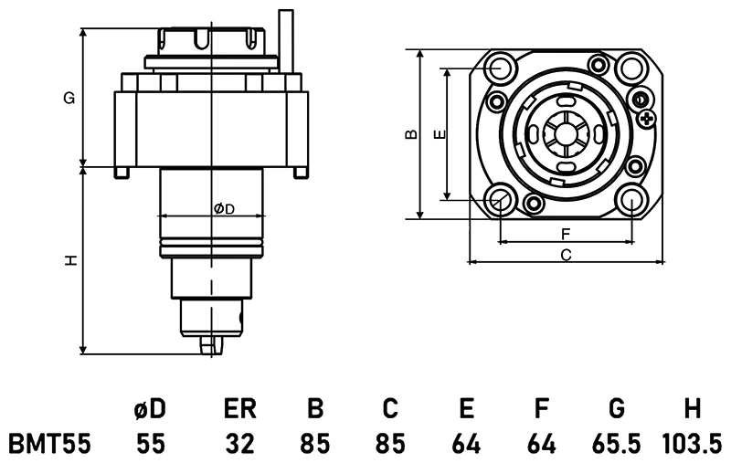 Приводной прямой блок AdvaCUT BMT55, ER32, компактный, T=1:1, RMP=6000, внеш. СОЖ
