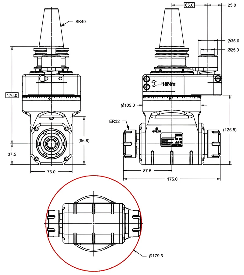 Фрезерная угловая головка ER32, двухсторонняя, 4000 об/мин, H=176, SK40 (DIN-69871)