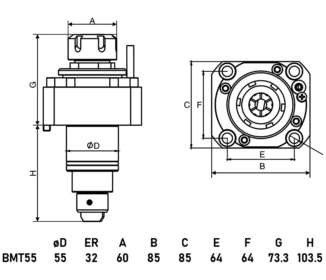 Приводной прямой блок AdvaCUT BMT55, ER32, T=1:1, RMP=6000, внеш. СОЖ