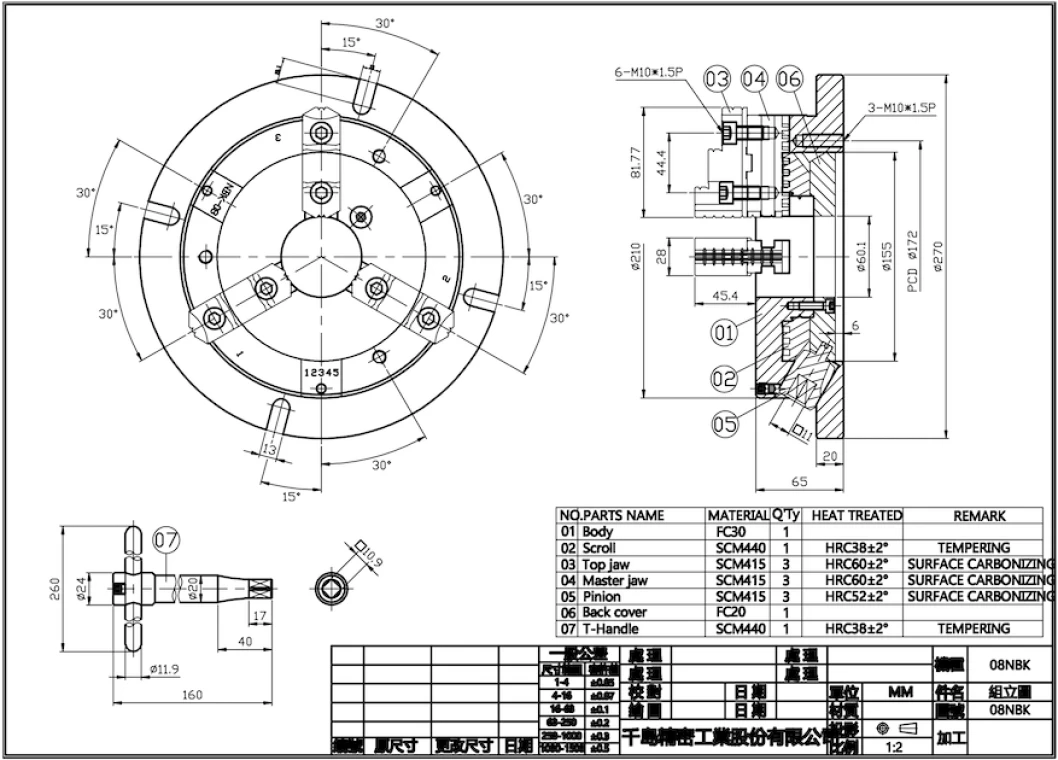 Ручной 3-х кулачковый патрон с базовой плитой, ⌀ 210 мм, мастер кулачки