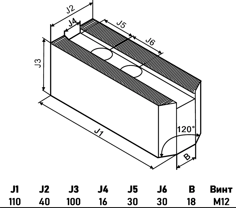 Спец. мягкие заостренные кулачки (3 шт.) для гидравл. патрона 10", 110x40х100 мм, паз 16 мм, МЦ 30 мм, М12, гребенка 1,5x60