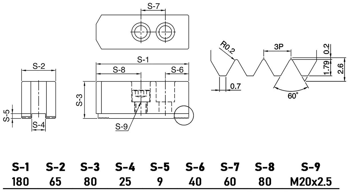 Cтальные мягкие накладные заостренные кулачки (3 шт.) для гидравлических патронов ⌀610 мм, 180x65x80 мм, паз 25 мм, МЦ 60 мм, М20
