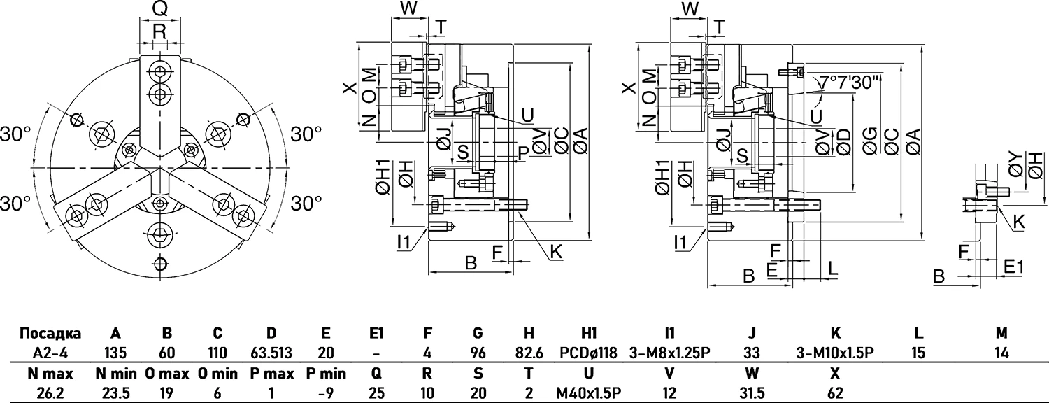 Гидравлический высокоскоростной 3-х кулачковый патрон, Ø135 мм, сквозное отверстие 33 мм, посадка A2-4