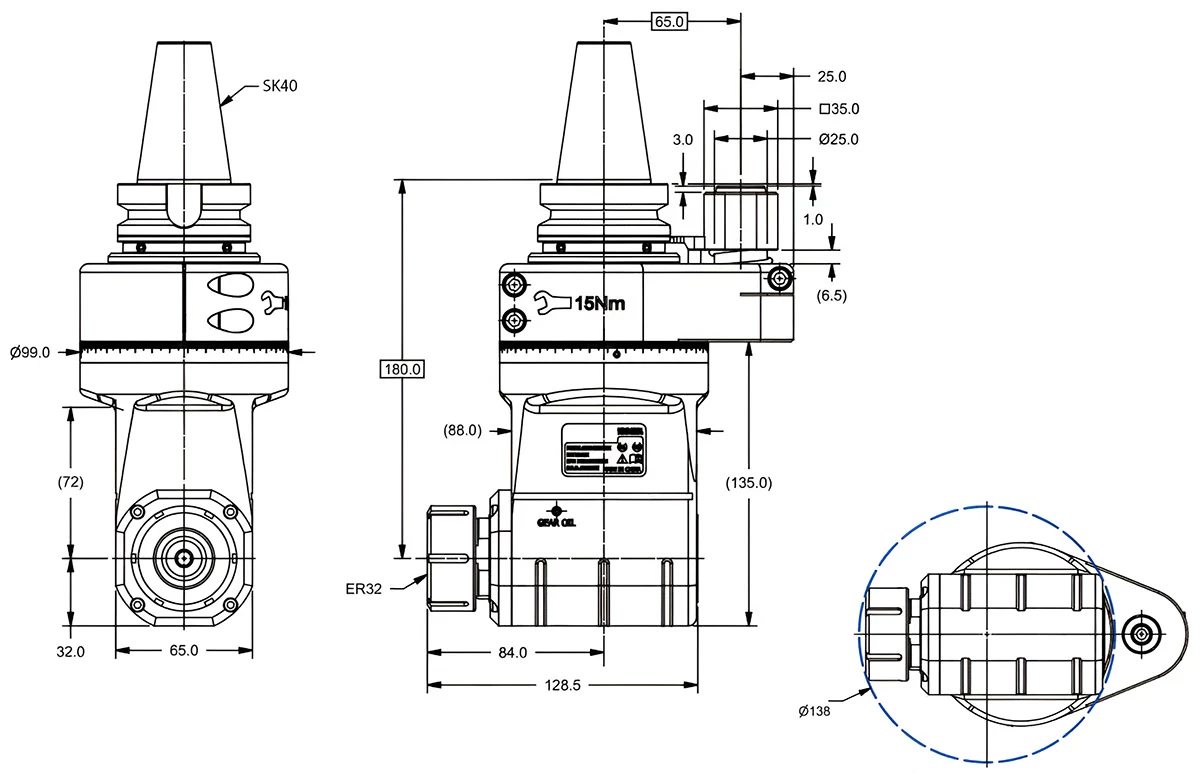 Фрезерная угловая головка ER32M, 6000 об/мин, H=180, SK40 (DIN-69871) 