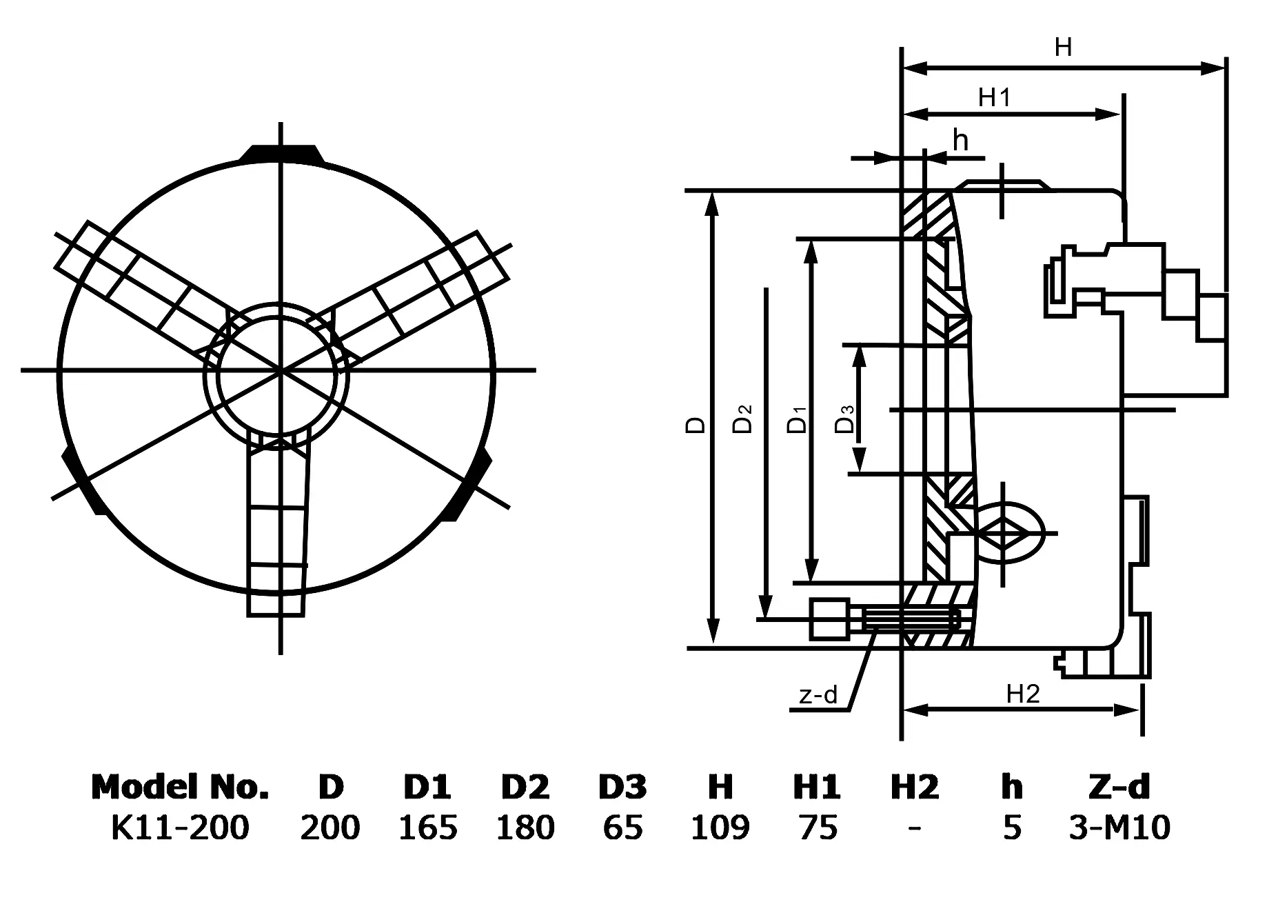 Ручной 3-х кулачковый патрон, ⌀200 мм, цельные кулачки, DIN6350