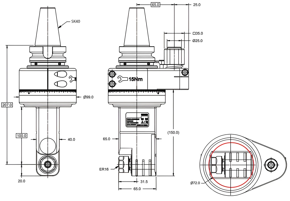Фрезерная угловая головка ER16M, 5000 об/мин, H=100, SK40 (DIN-69871)