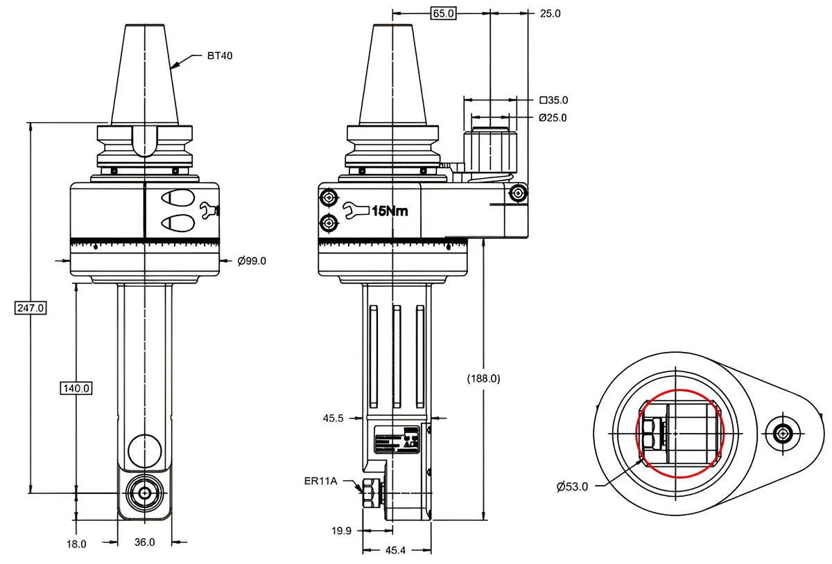 Фрезерная угловая головка ER11, 5000 об/мин, H=247, h=140, BT40 MAS-403/BT