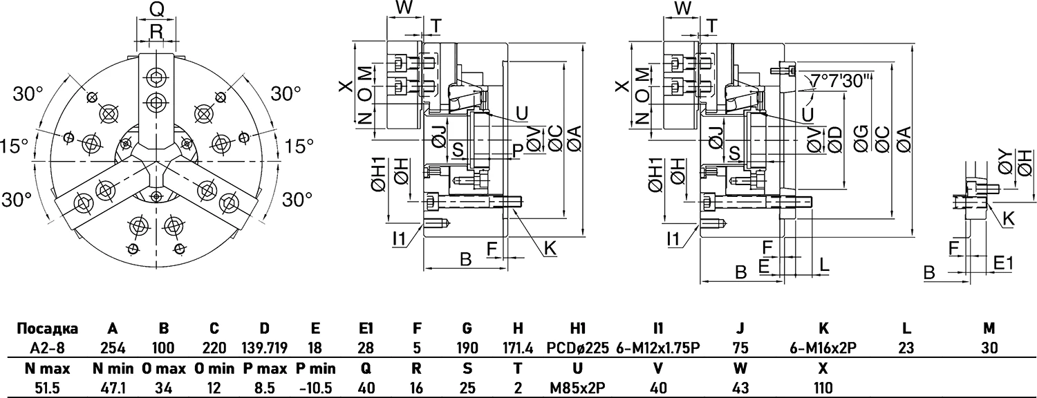 Гидравлический высокоскоростной 3-х кулачковый патрон, Ø254 мм, сквозное отверстие 75 мм, посадка A2-8