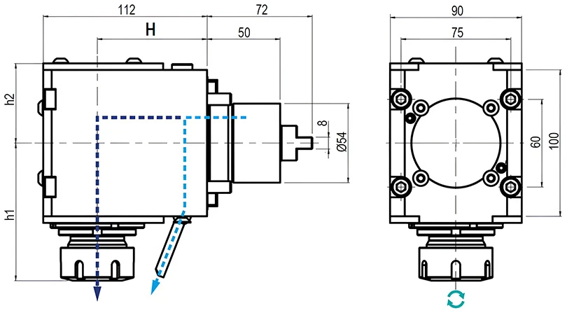 Приводной угловой блок AdvaCUT BMT54, ER-25, T=1:1, RPM=6000, H=75 (MIYANO), внеш. СОЖ