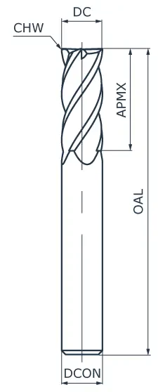 Фреза концевая твердосплавная APL124-CCCM4-100-025-030, с фаской при вершине, ØD 10 мм