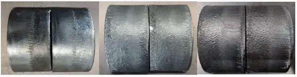 Сравнение образцов Q235, 45#, T10, толщина 30 мм (слева направо)